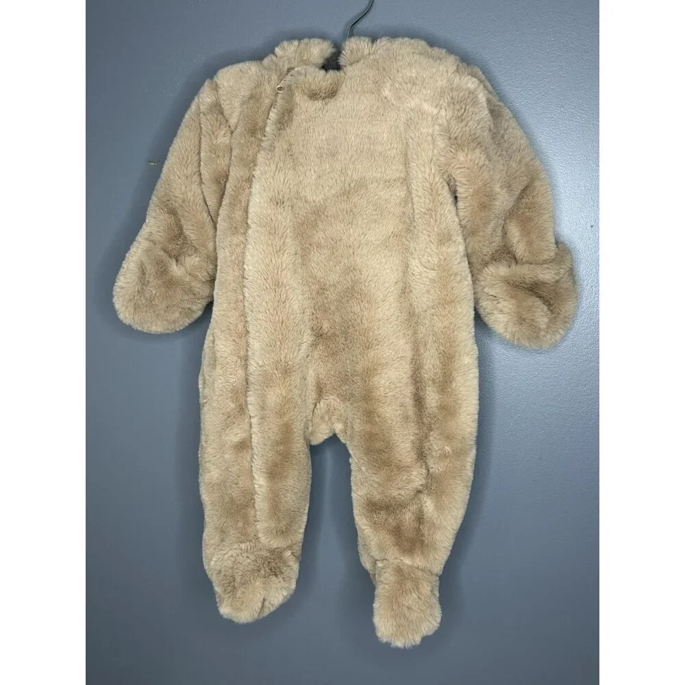 First Wish‎ Snowsuit Baby 3-6 Months Tan Faux Fur Hood Ears Footed Lined SO SOFT